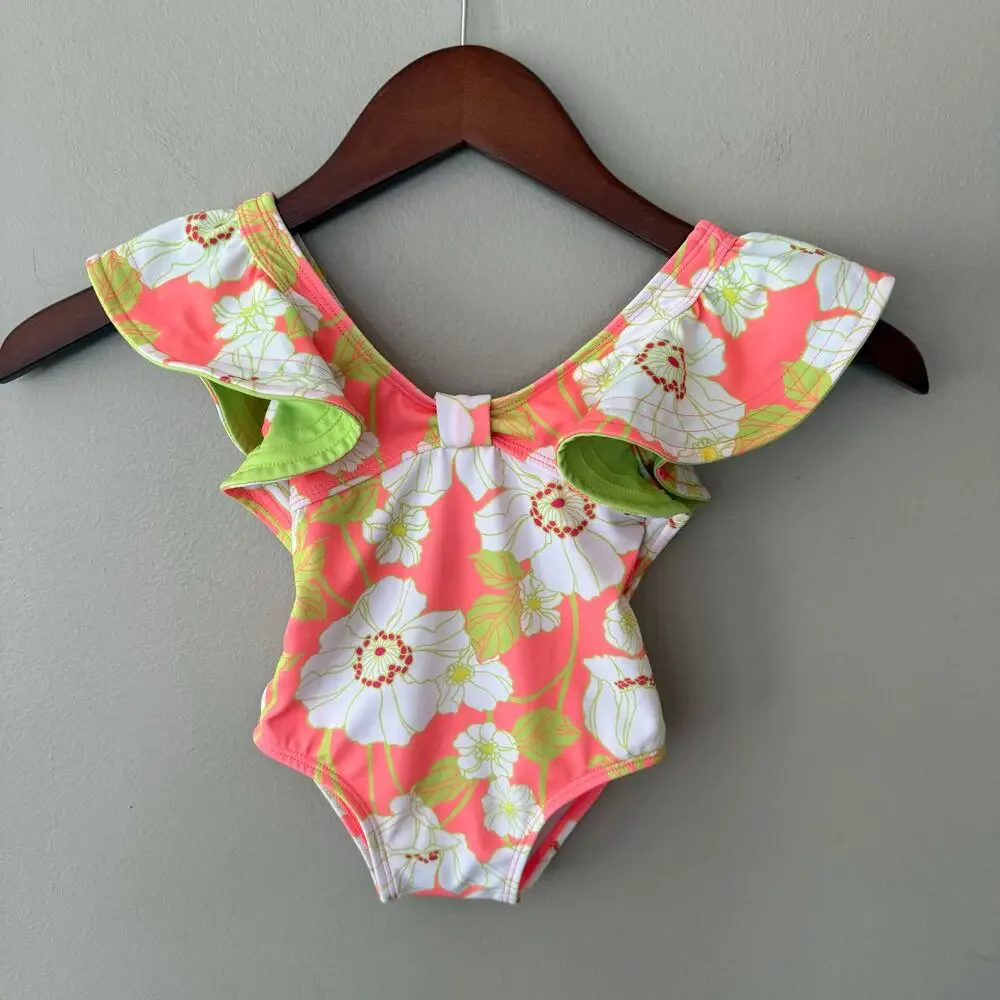 Janie‎ and Jack Ruffle Swimsuit Floral Coral Curl Girls 12-18 Mos Preppy Summer